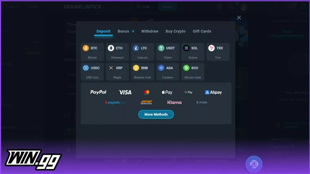 A snapshot of Thunderpick's deposit methods