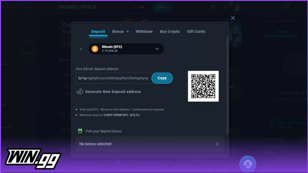 A snapshot of the deposit process at Thunderpick