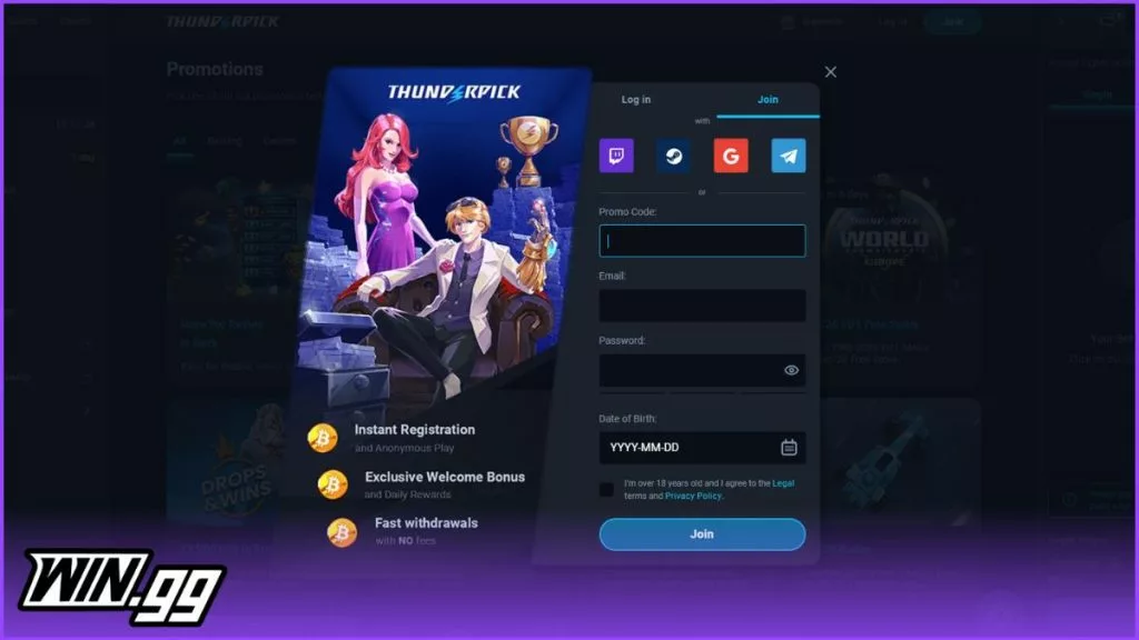 A screenshot of Thunderpick's registration process where you can enter the promo code