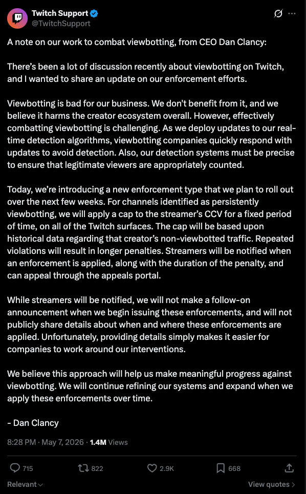 Twitch support - combatting viewbotting