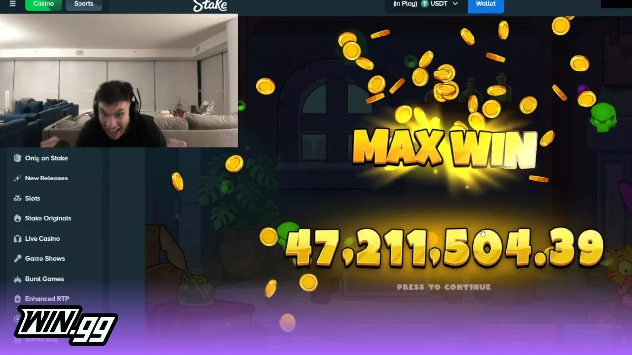 Trainwreckstv celebrating his insane $50 million win on the Coins and Cauldrons slot