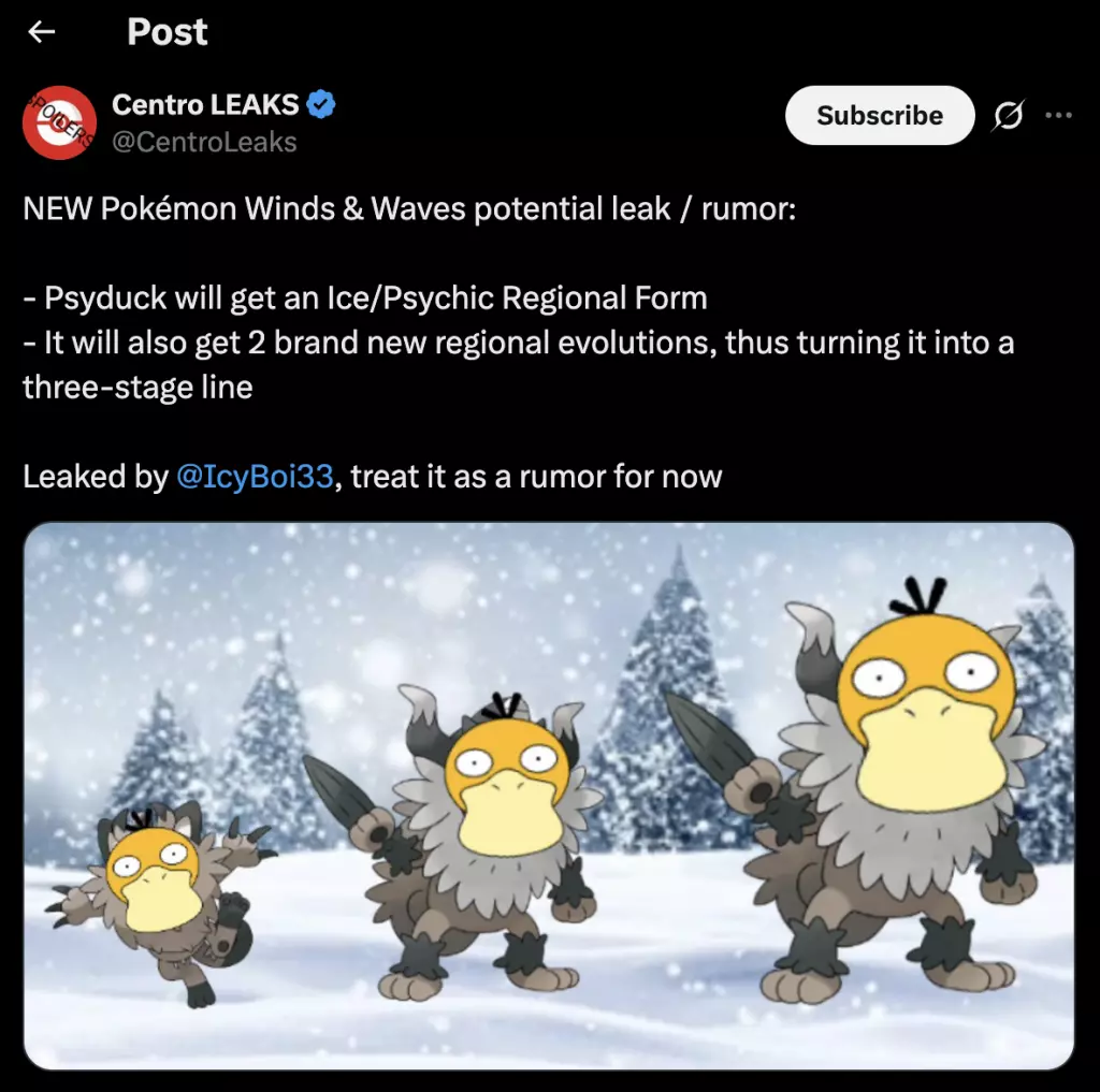 PokÃ©mon leak regarding a new Winds and Waves form for Psyduck