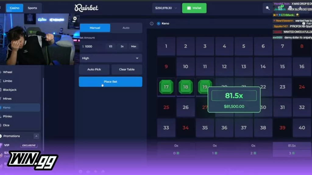 Adin Ross $81,500 win on Rainbet Keno