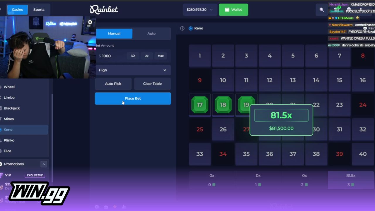 Adin Ross $81,500 win on Rainbet Keno