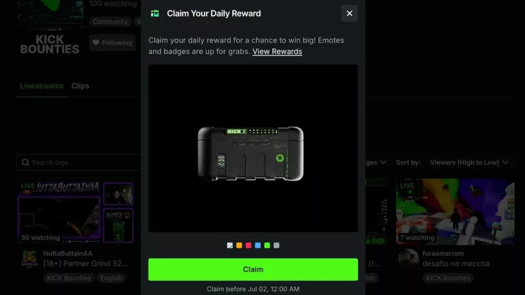 Kick daily rewards