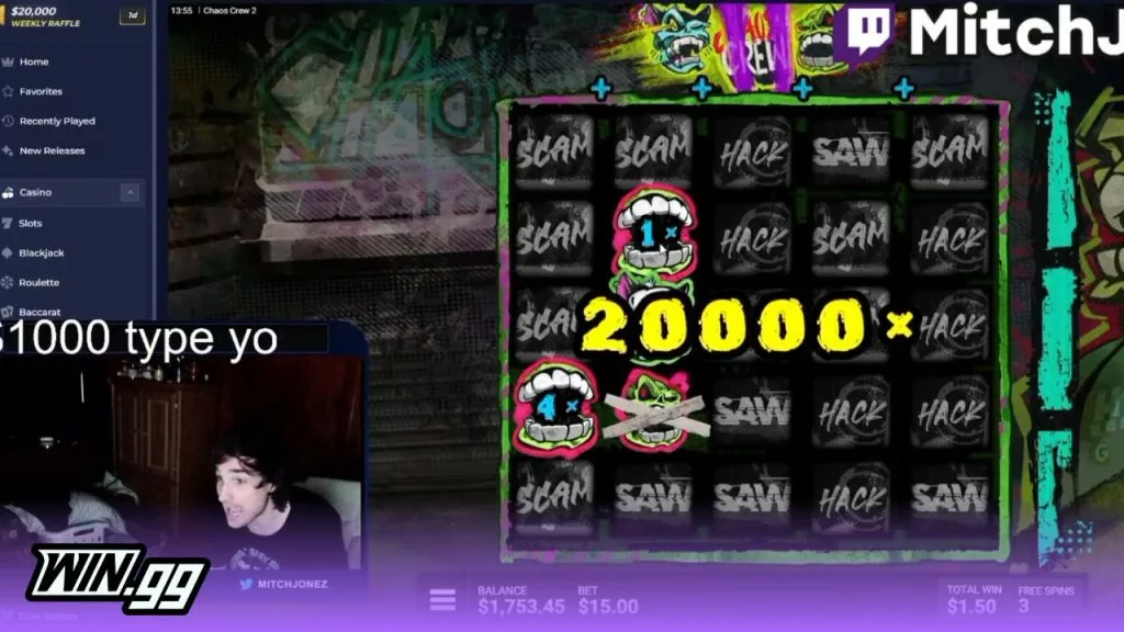 Mitch Jones finding a 20,000x multiplier on Chaos Crew 2