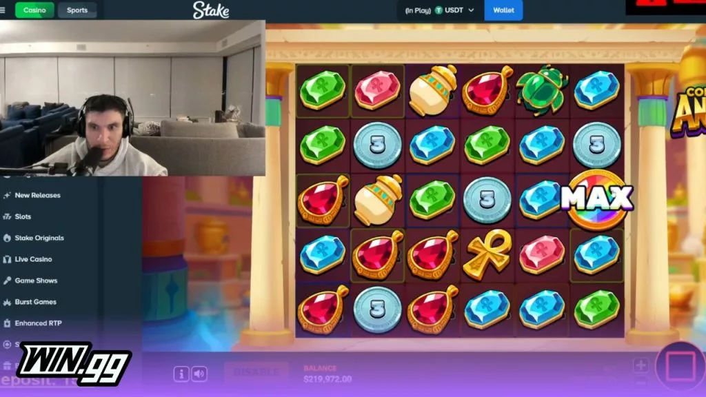 Trainwreckstv getting the max win coin on the Coins of Anubis slot