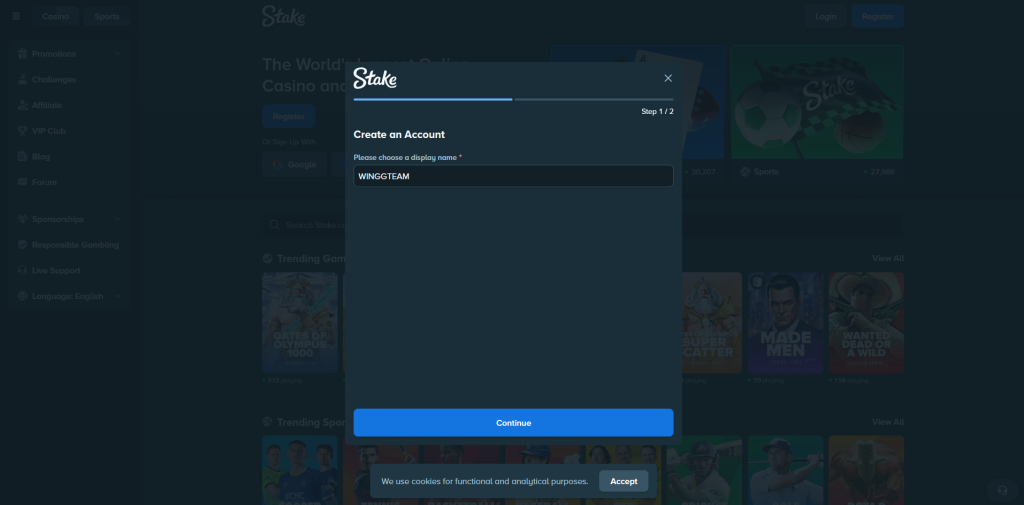 Stake.com display name registration