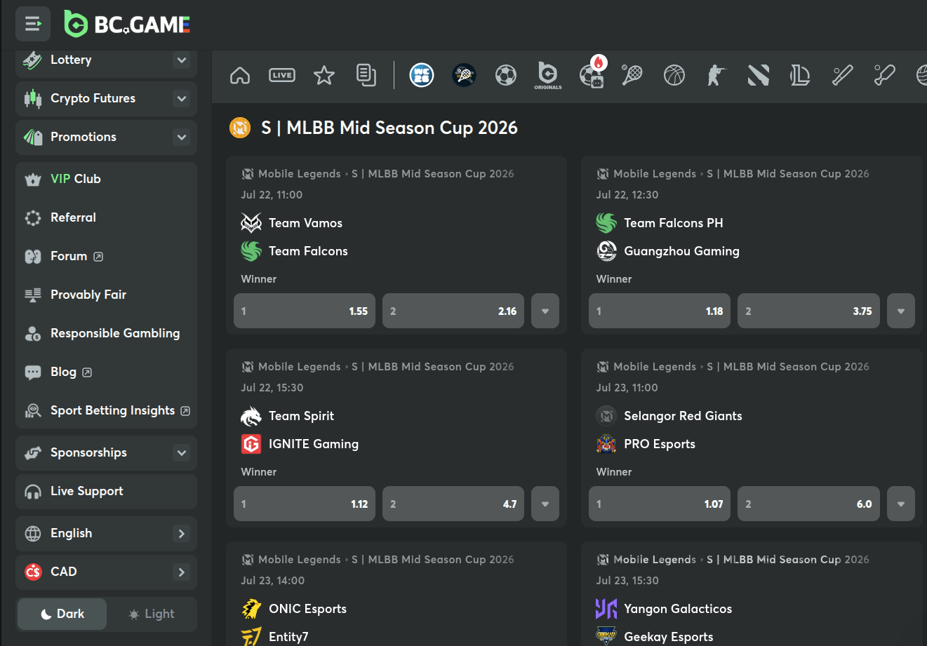 mobile legends esports odds on bc.game