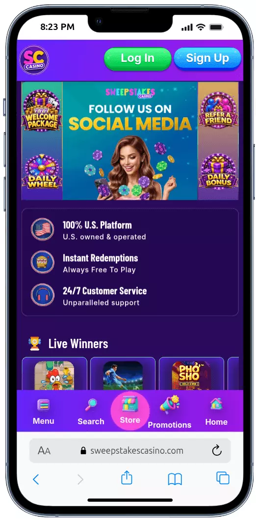 sweepstakescasino.com mobile site - no app