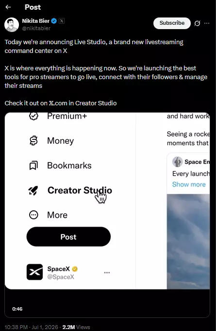 X post on Live Studio