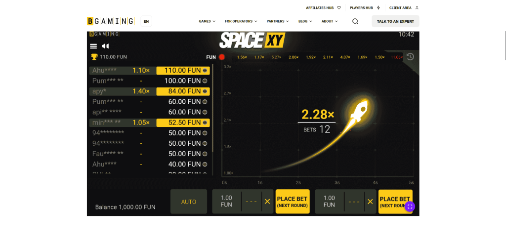 BGaming's Space XY game, 2.28x multiplier on BGaming demo