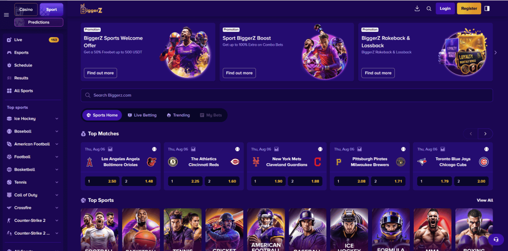 Screenshot of BiggerZ Sports Homepage