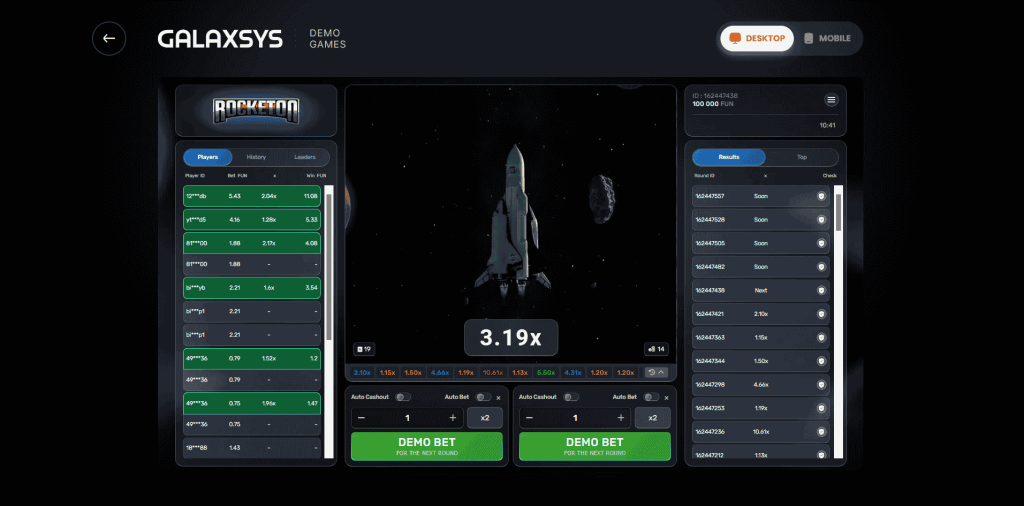 Rocketon game on Galaxsys demo site