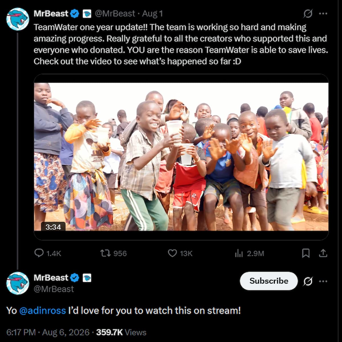 MrBeast TeamWater update Adin Ross
