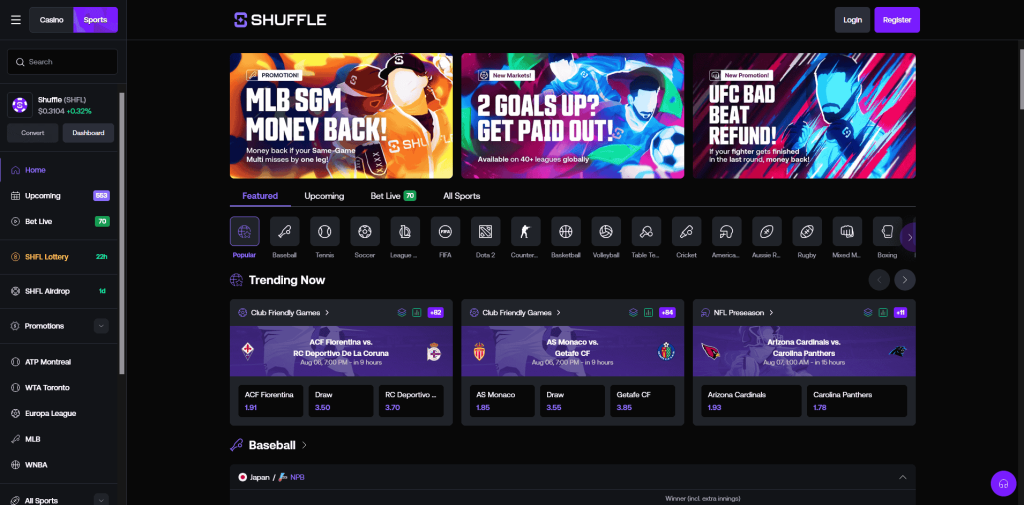 Screenshot of Shuffle's Sports Betting Homepage