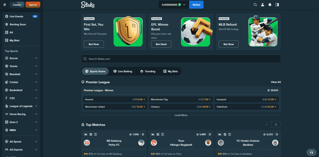 Screenshot of Stake.com's Sports Homepage