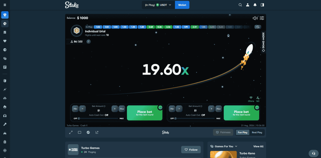 Turbo Crash X game on Stake.com's website, showing 19.4x multiplier before crash
