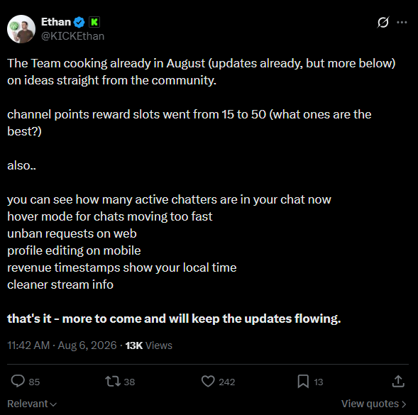 Ethan Wright's X post on Kick's updates