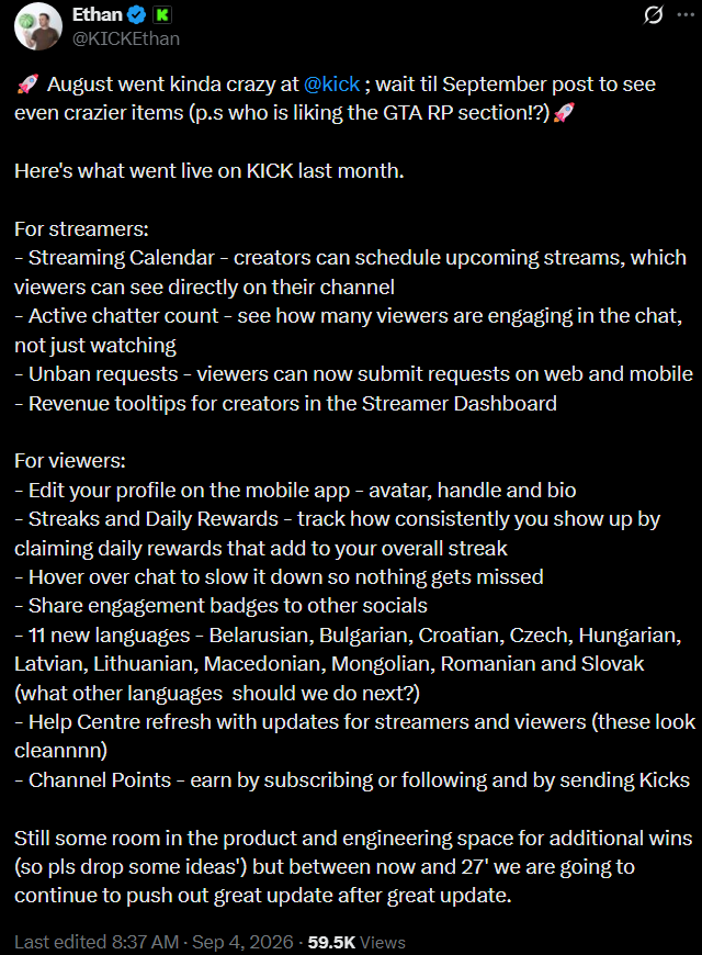 Kick August 2026 update