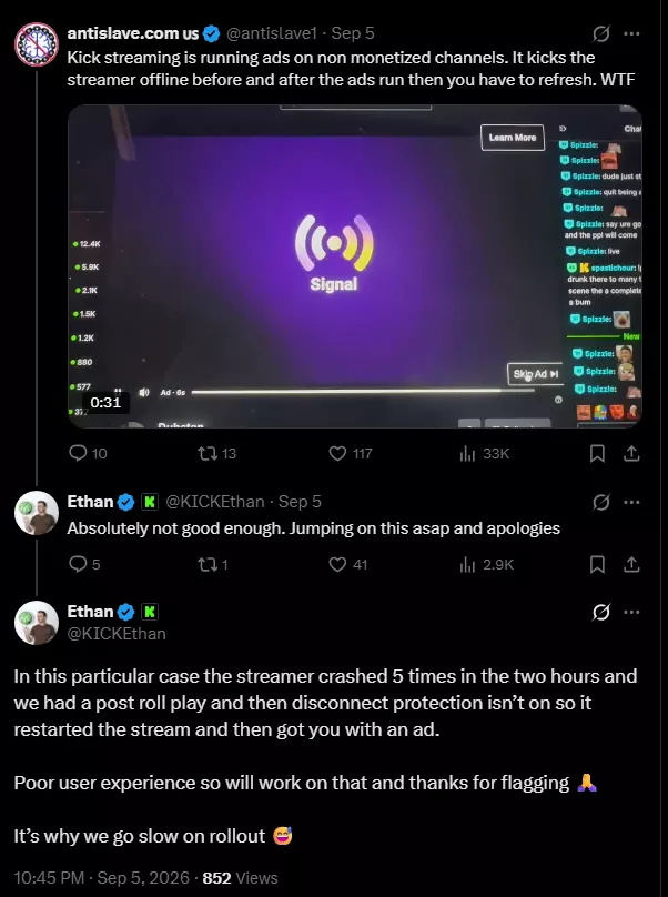 Kick ads non-monetized channel