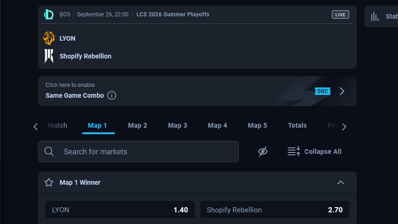 Thunderpick odds for LYON vs Shopify Rebellion