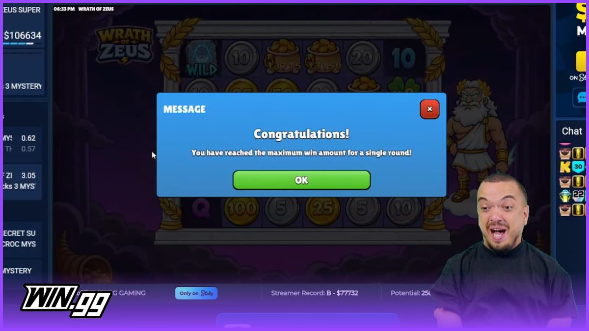 Classybeef getting the max win on the Wrath of Zeus slot