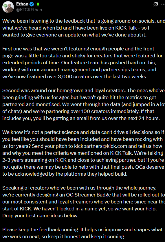 Kick homegrown creators